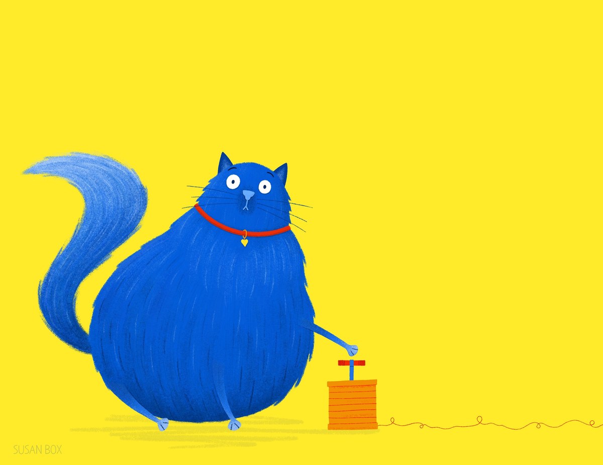 A cheerful blue cat illustration on a bright yellow background