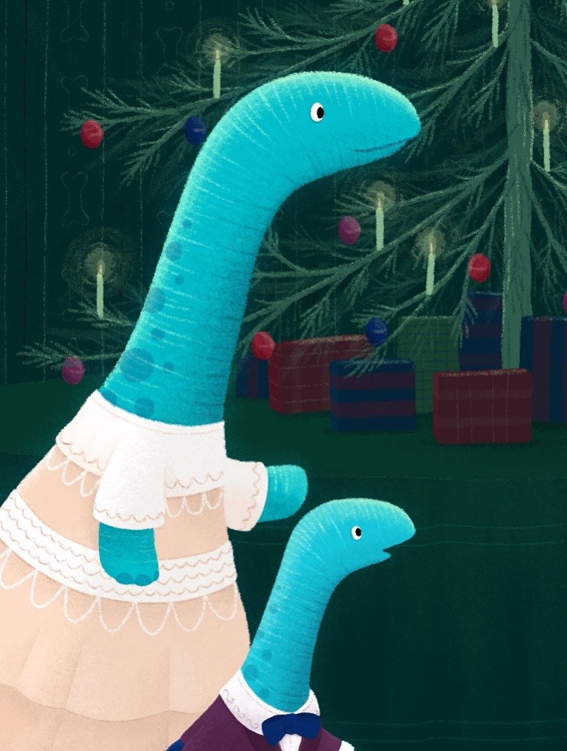 A festive dinosaur illustration in winter clothes